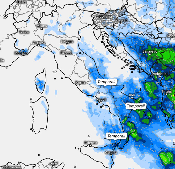 sommatoria delle precipitazioni attese in Italia nell'arco della giornata di venerdi 24 luglio sempre secondo il modello ECMWF elaborato su base grafica Meteologix