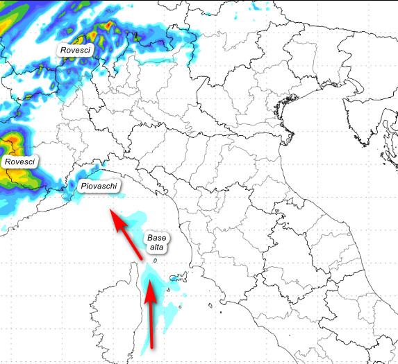 sommatoria delle piogge attese al settentrione tra le 00 e le 12 di venerdi 28 agosto secondo il modello Moloch elaborato su base grafica Lamma
