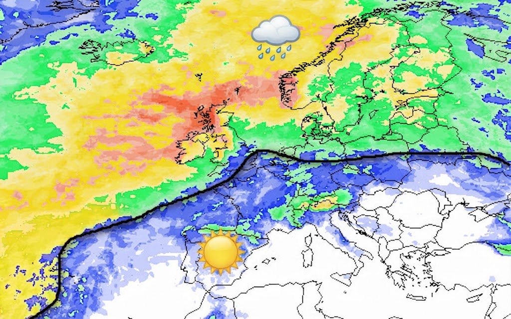 probabilità di precipitazioni attese in Europa nella giornata di martedi 8 settembre secondo la media degli scenari del modello GFS elaborata su base grafica Meteociel