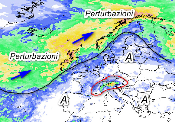 probabilità di pioggia a scala europea valida per giovedì 13 agosto secondo il modello GFS elaborato su base grafica Meteociel