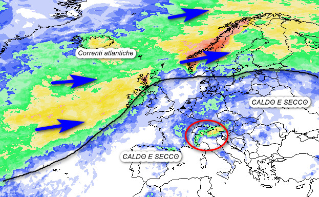 probabilità di pioggia a scala europea valida per venerdi 14 agosto secondo la media degli scenari del modello GFS elaborato su base grafica Meteociel