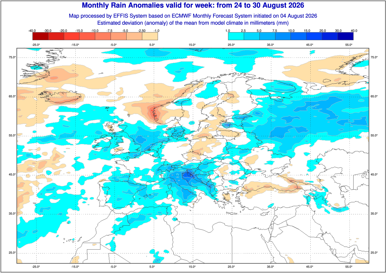 anomalie precipitative in Europa nel lasso temporale compreso tra il 24 ed il 30 agosto, sempre secondo il modello ECMWF elaborato su base Copernicus