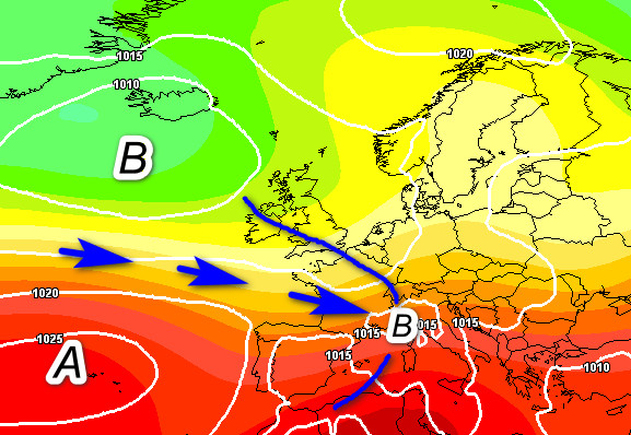 quadro sinottico atteso in Europa nelle ore centrali di mercoledi 26 agosto secondo la media degli scenari del modello GFS elaborato su base grafica Meteociel
