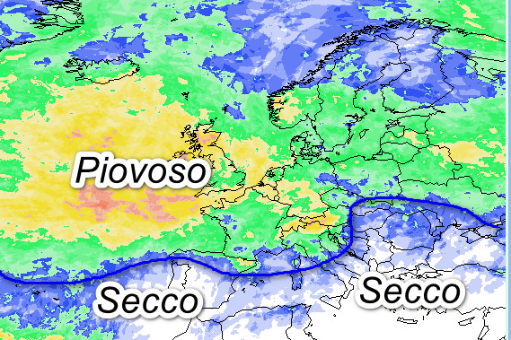 probabilità di pioggia a scala europea valida per giovedi 27 agosto secondo la media degli scenari del modello GFS elaborata su base grafica Meteociel