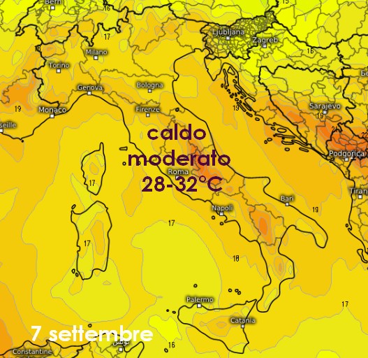 mappa tratta dal modello ECMWF con le temperature previste in quota per il giorno 7 su base grafica Meteologix