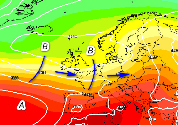 quadro sinottico atteso in Europa nella giornata di venerdi 28 agosto secondo la media degli scenari del modello GFS elaborato su base grafica Meteociel