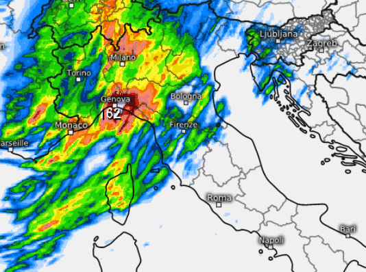 sommatoria delle precipitazioni attese al nord ed al centro fino alle ore 14 di venerdi 21 agosto secondo il modello Swiss 4km elaborato su base grafica Meteologix