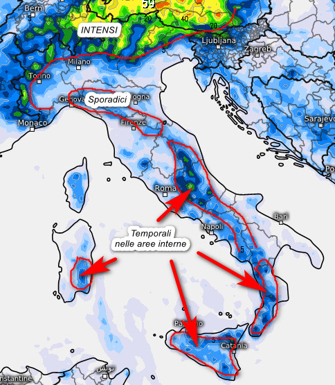 sommatoria delle precipitazioni attese in Italia fino a domenica 9 agosto secondo il modello ECMWF elaborato su base grafica Meteologix