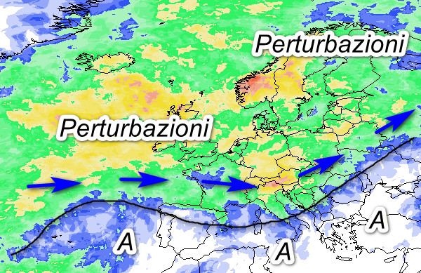 probabilità di pioggia in Europa valida per la giornata di domenica 16 agosto sempre secondo il modello GFS elaborato su base grafica Meteociel
