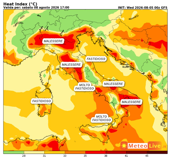 indice di disagio da caldo previsto in Italia  sabato 8 agosto alle ore 17: 
