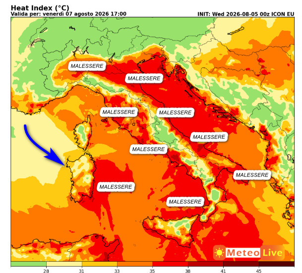 indice di disagio da caldo previsto in Italia  venerdi  7 agosto alle ore 17