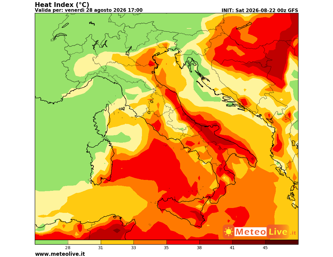 Il caldo intenso di venerdì 28 agosto (in rosso), specie al sud.