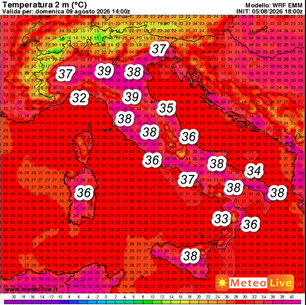 temperature attese in Italia alle ore 16 di domenica 9 agosto
