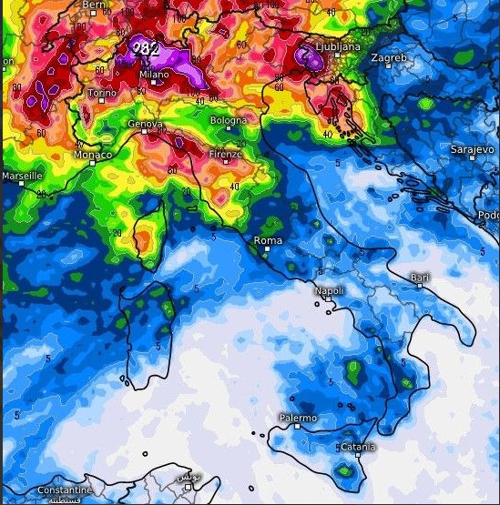 sommatoria delle precipitazioni attese in Italia fino a giovedi 27 agosto secondo il MODELLO ECMWF elaborato su base grafica Meteologix