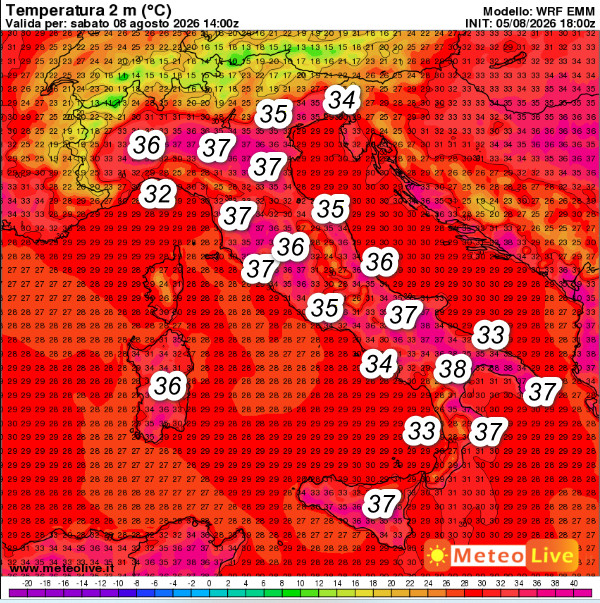 temperature attese in Italia alle ore 16 di sabato 8 agosto