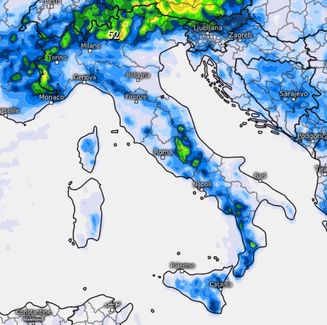 i temporali e gli acquazzoni previsti fino a martedi sera dal modello ECMWF