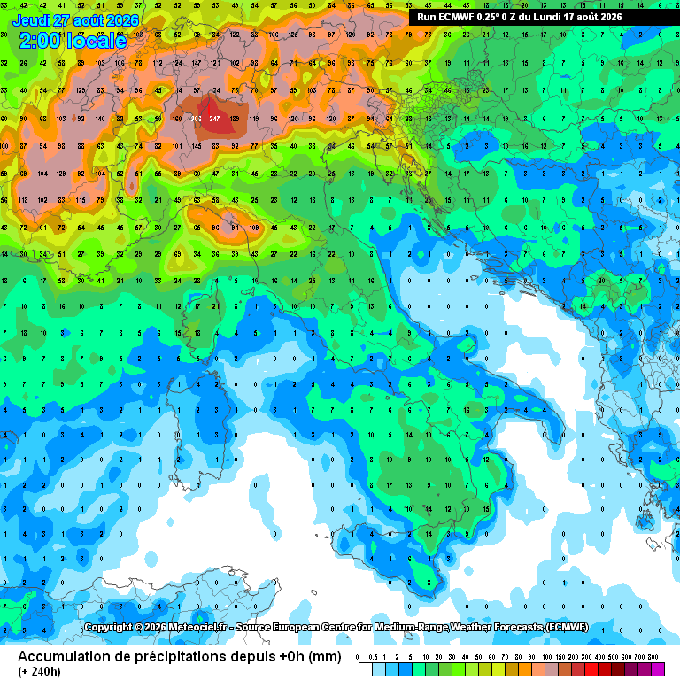sommatoria delle precipitazioni attese in Italia nei prossimi 10 giorni secondo il modello ECMWF elaborato su base grafica Meteociel