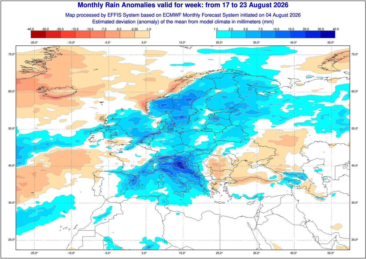 ANOMALIE PLUVIOMETRICHE in Europa elaborate dal modello in questione e valide per il lasso temporale compreso tra il 17 ed il 23 agosto