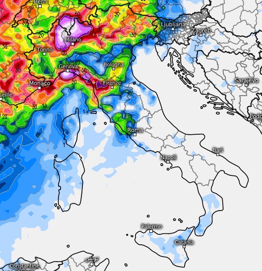 La sommatoria delle precipitazioni attese per il 20-21 agosto secondo il modello ACCESS su base grafica Meteologix.