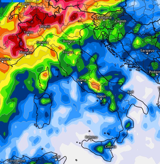 Sommatoria dei fenomeni previsti fino al 24 agosto dal modello GFS su base grafica Meteologix.