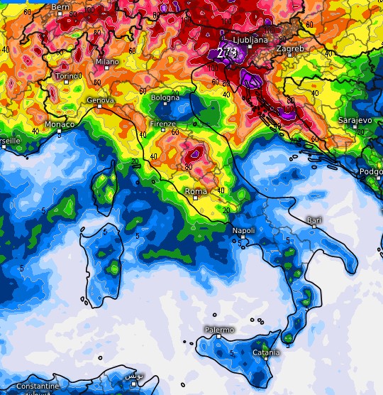 Sommatoria dei fenomeni previsti fino al 24 agosto dal modello ECMWF su base grafica Meteologix.
