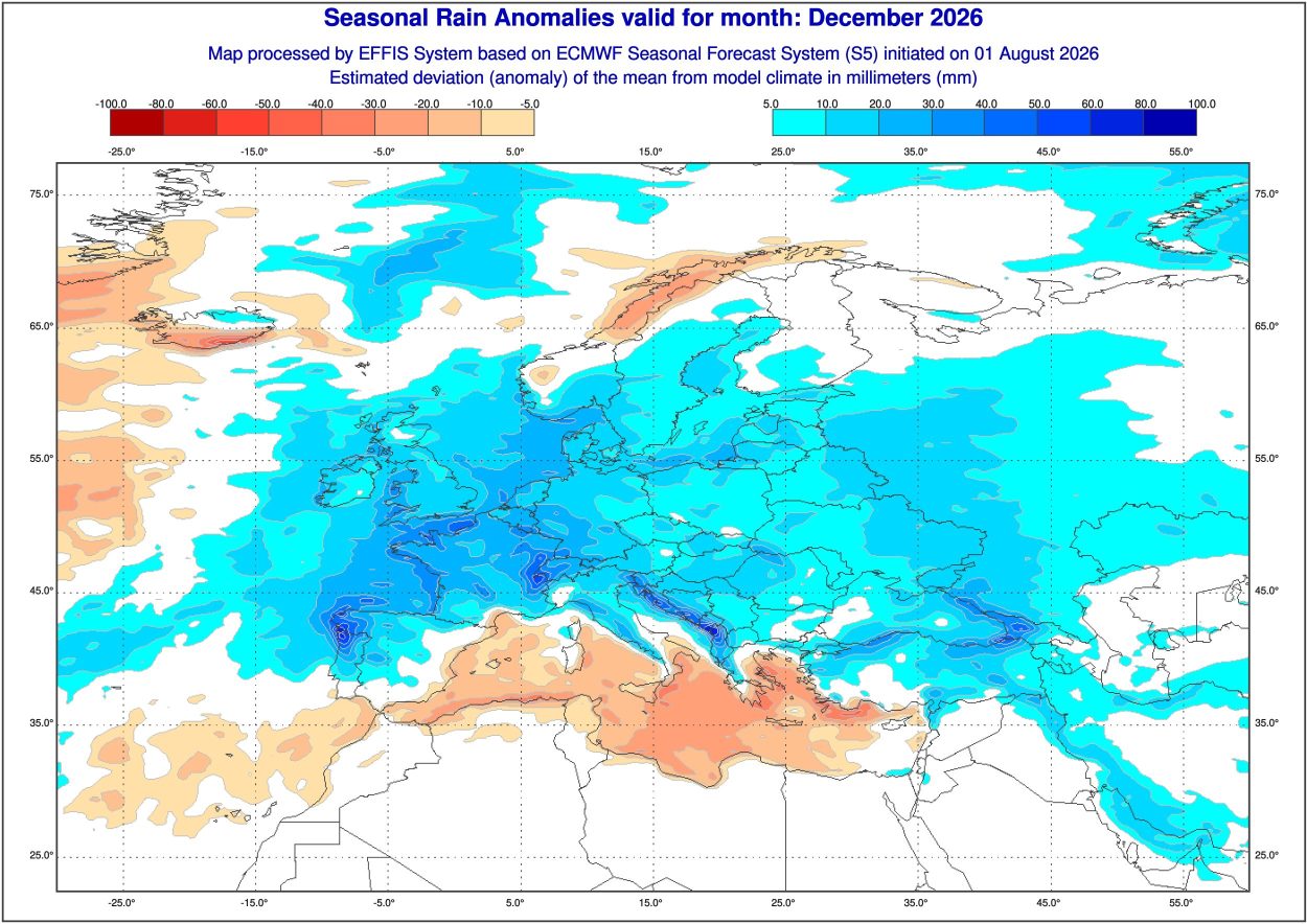 Andamento pluviometrico secondo il modello ECMWF per dicembre 2026.