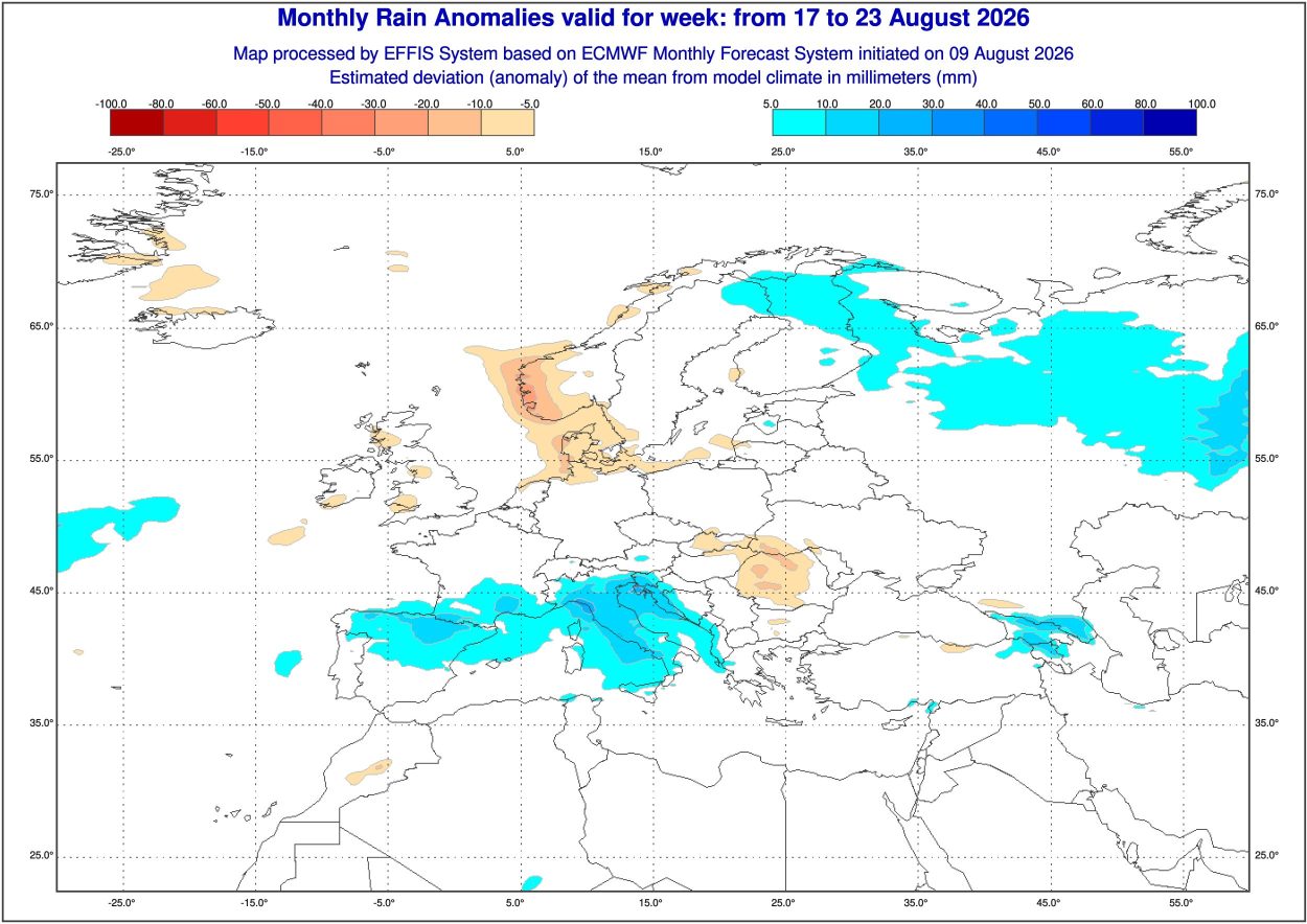 Andamento pluviometrico 17-23 agosto secondo il modello ECMWF.