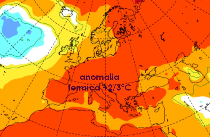 Anomalia termica riassuntiva per il trimestre novembre, dicembre, gennaio in Europa secondo il modello ECMWF.