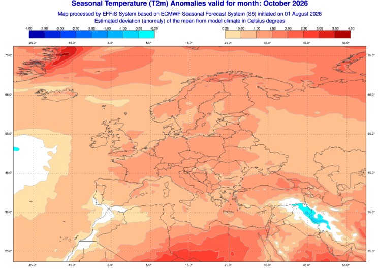 Andamento termico per ottobre 2026 secondo il modello ECMWF.