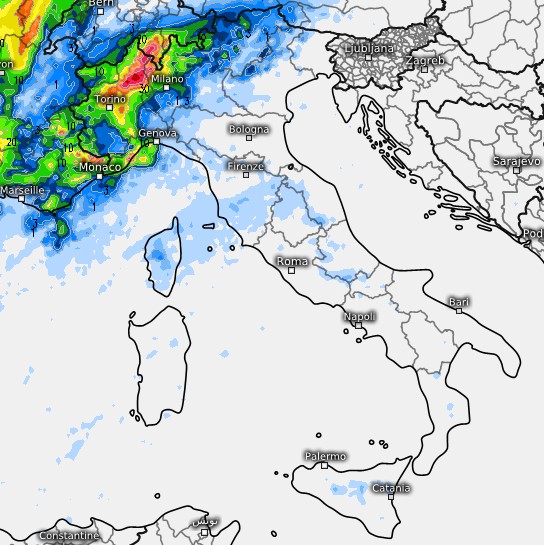 Ecco la mappa dei temporali previsti dal modello SUISSE su base grafica Meteologix: