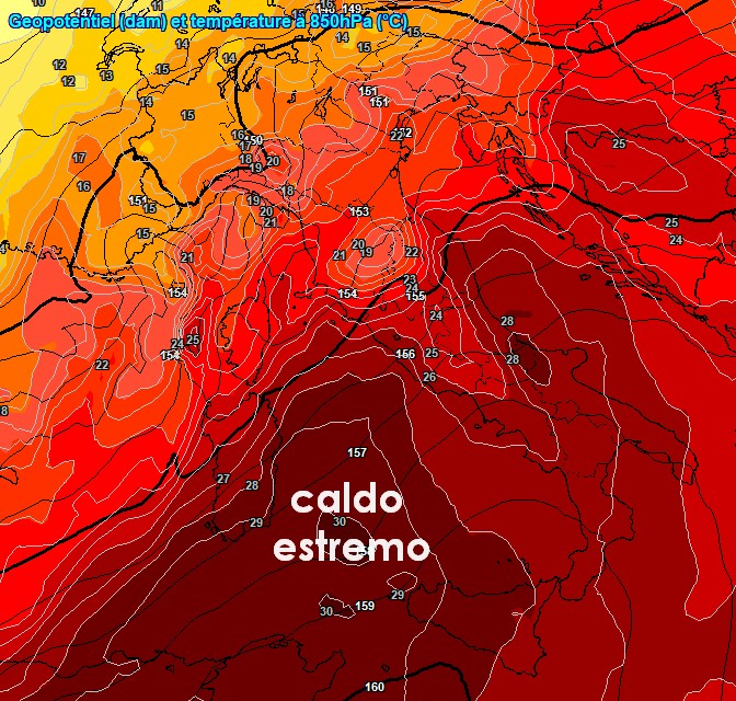 Ecco la mappa proposta dal modello GFS per l'alba di venerdì 28 su base grafica Meteociel: