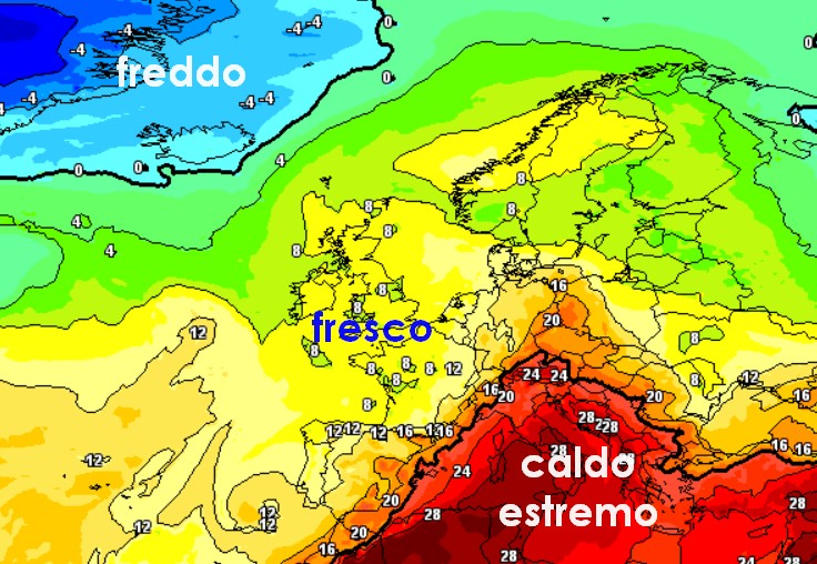 Ecco la mappa termica prevista per il giorno più caldo e parallelamente più freddo del periodo in Europa secondo il modello GFS su base grafica Meteociel, venerdì 28 agosto: