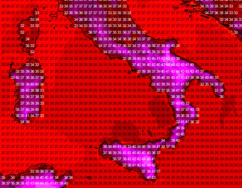 Caldo folle venerd&igrave; 28 al sud, mappa GFS su base grafica Meteociel.