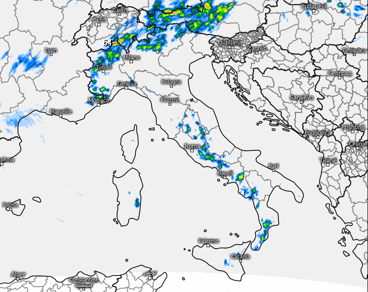 sommatoria dei temporali attesi in Italia nell'arco della giornata di domenica 2 agosto secondo il modello Swiss 4x4 elaborato su base grafica Meteologix