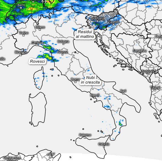 sommatoria dei temporali previsti dal modello Swiss con risoluzione 4km elaborato su base grafica Meteologix fino alle ore 14 di lunedi 17 agosto