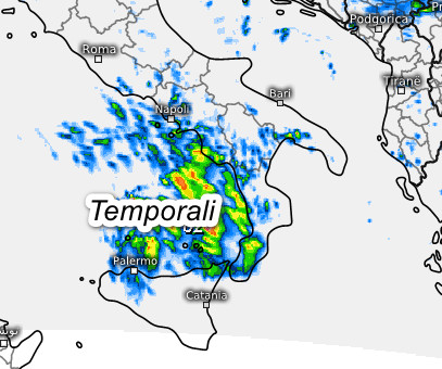 sommatoria dei fenomeni presenti al meridione nell'arco della giornata di martedì 18 agosto secondo il modello Swiss 4km elaborato su base grafica Meteologix