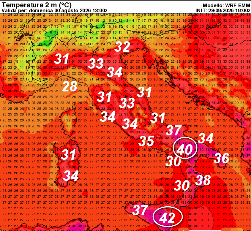 temperature attese in Italia alle ore 15 di domenica 30 agosto
