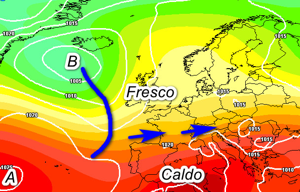 quadro sinottico atteso sul nostro Continente per le ore centrali di martedì 25 agosto, secondo il modello GFS elaborato su base grafica Meteociel
