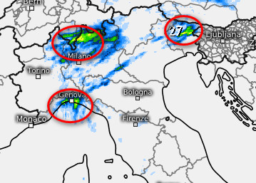 le aree che varranno interessate da precipitazioni nella giornata di mercoledi 19 agosto secondo il modello Swiss 4km elaborato su base grafica Meteologix