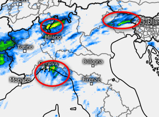 le piogge in Italia nell'arco della giornata di mercoledi 19 agosto secondo il modello Swiss 4km elaborato su base grafica Meteociel