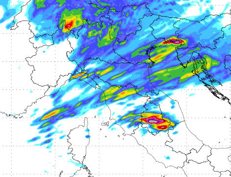 sommatoria dei temporali attesi al nord e al centro tra le 00 e le 12 di martedi 25 agosto secondo il modello Moloch elaborato su base grafica Lamma