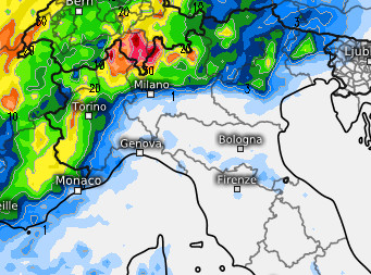 sommatoria delle precipitazioni attese sul nord Italia nell'arco della giornata di venerdi 28 agosto secondo il modello ECMWF elaborato su base grafica Meteologix