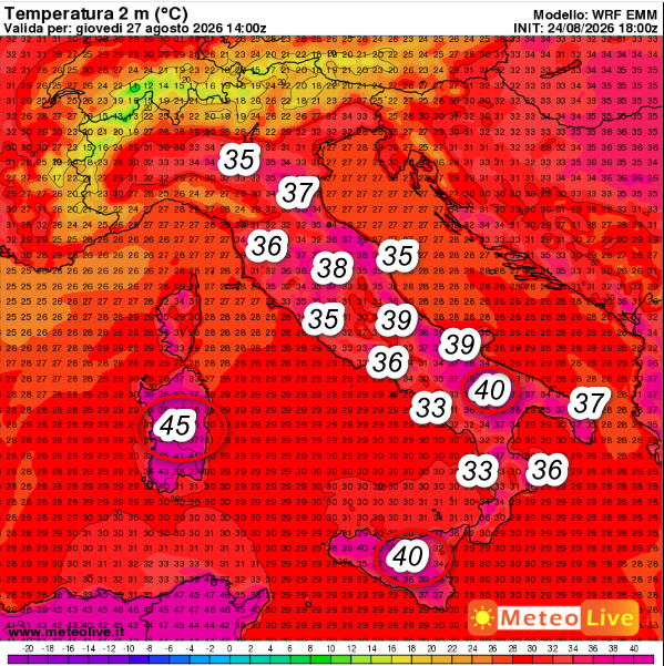 temperature previste al suolo alle ore 16 di giovedi 27 agosto