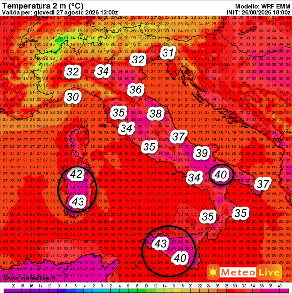  temperature previste al suolo alle ore 15 di giovedi 27 agosto