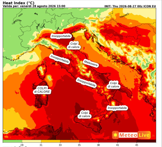 DISAGIO da CALDO atteso in Italia alle ore 15 di venerdi 28 agosto.