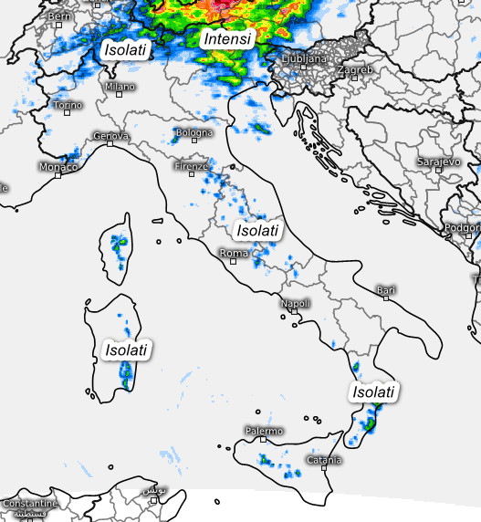 sommatoria dei fenomeni attesi in Italia nell'arco della giornata di giovedi 6 agosto secondo il modello Swiss 4x4 elaborato su base grafica Meteologix