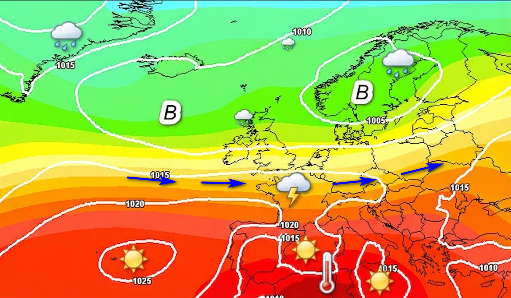 quadro sinottico estrapolato dalla media degli scenari del modello GFS elaborato su base grafica Meteociel per martedi 1 settembre