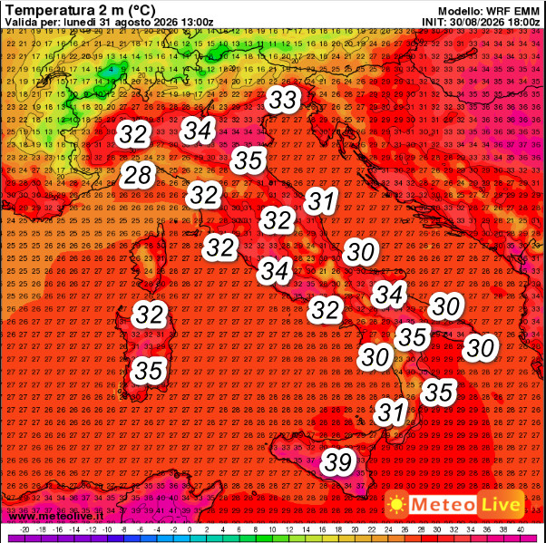 temperature attese in Italia alle ore 15 di lunedi 31 agosto