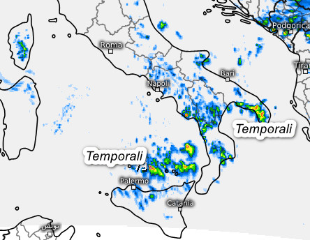 temporali attesi al meridione e su parte del centro tra la mattinata ed il pomeriggio di martedì 18 agosto secondo il modello Swiss 4km elaborato su base grafica Meteociel