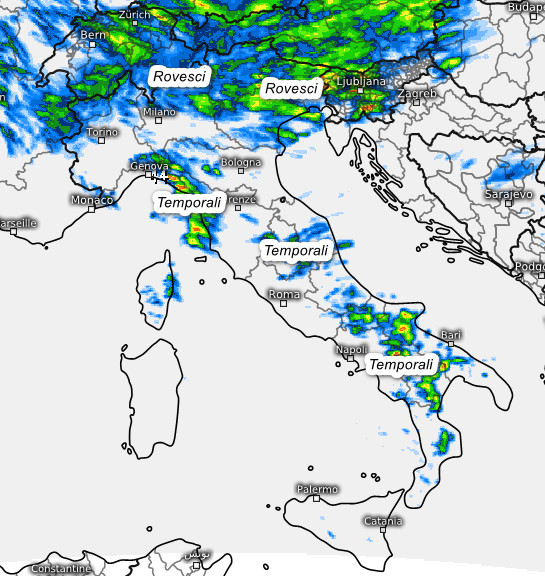 sommatoria dei fenomeni attesi in Italia nel pomeriggio ed in serata (tra le 14 e le 20) sempre dal modello Swiss con risoluzione 4km elaborato su base grafica Meteologix